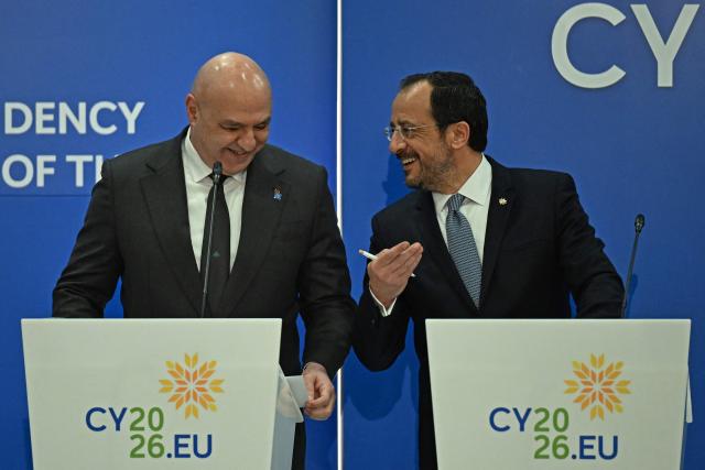Lebanon's President Joseph Aoun (L) speaks with Cyprus' President Nikos Christodoulides as they attend a press conference after a working session of the European Council and regional partners as part of an informal meeting in Nicosia on April 24, 2026. (Photo by Jewel SAMAD / AFP)