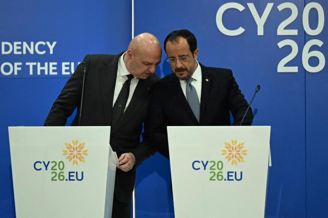Lebanon's President Joseph Aoun speaks with Cyprus' President Nikos Christodoulides as they attend a press conference after a working session of the European Council and regional partners as part of an informal meeting in Nicosia on April 24, 2026. (Photo by Jewel SAMAD / AFP)