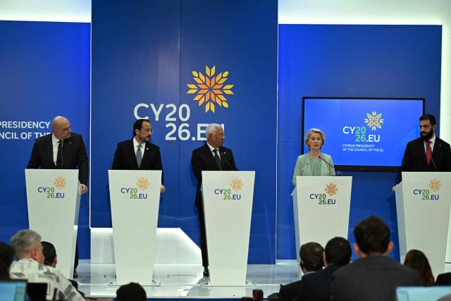 (L-R) Lebanon's President Joseph Aoun, Cyprus' President Nikos Christodoulides, European Council President Antonio Costa, European Commission President Ursula von der Leyen, and Syria's President Ahmed al-Sharaa hold a press conference after a working session of the European Council and regional partners as part of an informal meeting in Nicosia on April 24, 2026. (Photo by Jewel SAMAD / AFP)