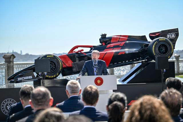 Turkey's President Recep Tayyip Erdogan delivers a speech at Dolmabahce Palace Presidental, in Istanbul, on April 24,2026, during an event to announce the return of the Turkish Grand Prix the Formula One calendar after a six year hiatus in 2027. (Photo by Ozan KOSE / AFP)