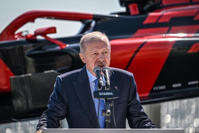 Turkey's President Recep Tayyip Erdogan delivers a speech at Dolmabahce Palace Presidental, in Istanbul, on April 24,2026, during an event to announce the return of the Turkish Grand Prix the Formula One calendar after a six year hiatus in 2027. (Photo by Ozan KOSE / AFP)