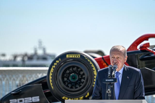 Turkey's President Recep Tayyip Erdogan delivers a speech at Dolmabahce Palace Presidental, in Istanbul, on April 24,2026, during an event to announce the return of the Turkish Grand Prix the Formula One calendar after a six year hiatus in 2027. (Photo by Ozan KOSE / AFP)