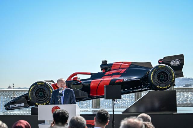 Turkey's President Recep Tayyip Erdogan delivers a speech at Dolmabahce Palace Presidental, in Istanbul, on April 24,2026, during an event to announce the return of the Turkish Grand Prix the Formula One calendar after a six year hiatus in 2027. (Photo by Ozan KOSE / AFP)