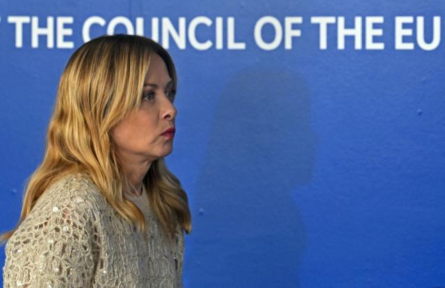 Italy's Prime Minister Giorgia Meloni (L) arrives for a family photo after a working session of the European Council and regional partners as part of an informal meeting in Nicosia on April 24, 2026. (Photo by NICOLAS TUCAT / AFP)