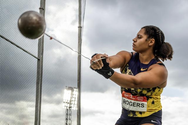 Canada’s Olympic champion Camryn Rogers competes in the hammer throw women's event during the sixth edition of the Kip Keino Classic Continental Tour Gold at the Nyayo National Stadium in Nairobi, on April 24, 2026. (Photo by Luis TATO / AFP)