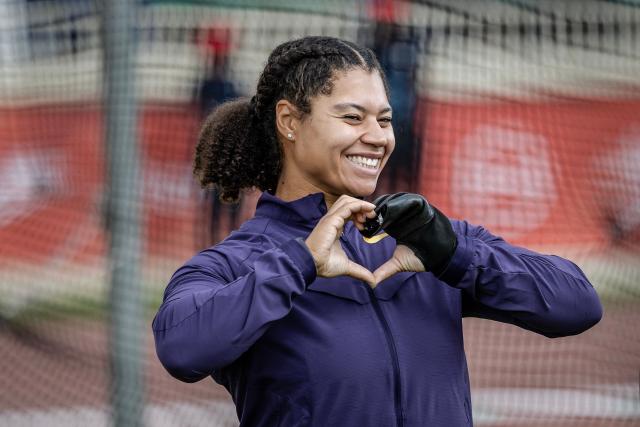 Canada’s Olympic champion Camryn Rogers reacts during her presentation in the hammer throw women's event during the sixth edition of the Kip Keino Classic Continental Tour Gold at the Nyayo National Stadium in Nairobi, on April 24, 2026. (Photo by Luis TATO / AFP)