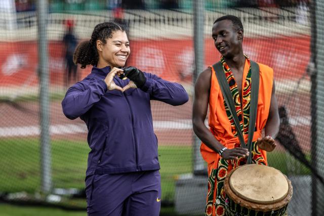 Canada’s Olympic champion Camryn Rogers (L) reacts during her presentation in the hammer throw women's event during the sixth edition of the Kip Keino Classic Continental Tour Gold at the Nyayo National Stadium in Nairobi, on April 24, 2026. (Photo by Luis TATO / AFP)