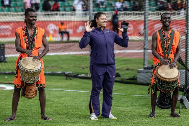 Canada’s Olympic champion Camryn Rogers (C) reacts during her presentation in the hammer throw women's event during the sixth edition of the Kip Keino Classic Continental Tour Gold at the Nyayo National Stadium in Nairobi, on April 24, 2026. (Photo by Luis TATO / AFP)