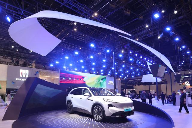 A Buick Electra E7 is displayed on the opening day of the Beijing Auto Show in Beijing on April 24, 2026. (Photo by CN-STR / AFP) / China OUT