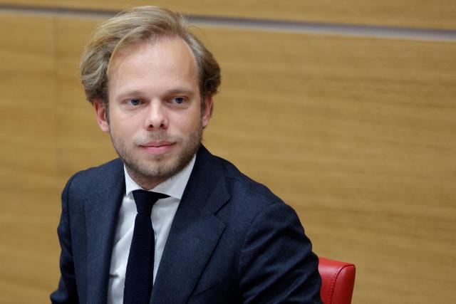(FILES) UDR's MP Charles Alloncle, rapporteur of the Commission d'Enquete sur l'Audiovisuel Public (Public broadcasting inquiry commission), looks on prior to France TV CEO and France TV Secretary-General's hearing by the commission of inquiry into the neutrality, operation and funding of public broadcasting at the National Assembly, France's lower house parliament, on April 8, 2026. Alloncle recommends in his report that the youth channel France 4 be shut down and that France 5 be merged with France 2 and franceinfo with France 24, sources close to the commission told AFP on April 24, 2026. (Photo by GEOFFROY VAN DER HASSELT / AFP)