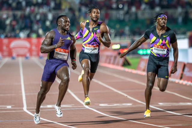 Kenya’s Ferdinand Omanyala (C) reacts as he crosses the finish line to win the 100m men's event during the sixth edition of the Kip Keino Classic Continental Tour Gold at the Nyayo National Stadium in Nairobi, on April 24, 2026. (Photo by Luis TATO / AFP)
