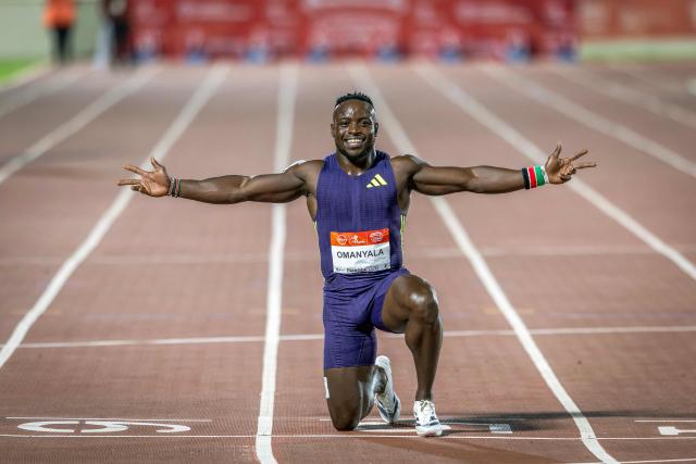 Kenya’s Ferdinand Omanyala celebrates after winning the 100m men's event during the sixth edition of the Kip Keino Classic Continental Tour Gold at the Nyayo National Stadium in Nairobi, on April 24, 2026. (Photo by Luis TATO / AFP)