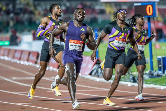 Kenya’s Ferdinand Omanyala (C) reacts as he crosses the finish line to win the 100m men's event during the sixth edition of the Kip Keino Classic Continental Tour Gold at the Nyayo National Stadium in Nairobi, on April 24, 2026. (Photo by Luis TATO / AFP)