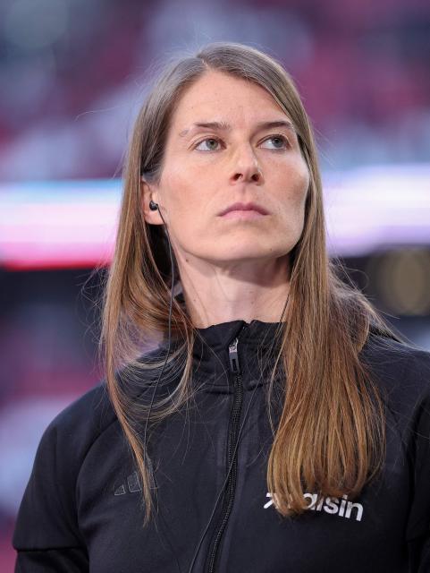 Union Berlin's German head coach Marie-Louise Eta is interviewed prior to the German first division Bundesliga football match between RB Leipzig and Union Berlin in Leipzig, eastern Germany, on April 24, 2026. (Photo by Ronny HARTMANN / AFP) / DFL REGULATIONS PROHIBIT ANY USE OF PHOTOGRAPHS AS IMAGE SEQUENCES AND/OR QUASI-VIDEO