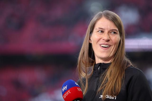 Union Berlin's German head coach Marie-Louise Eta is interviewed prior to the German first division Bundesliga football match between RB Leipzig and Union Berlin in Leipzig, eastern Germany, on April 24, 2026. (Photo by Ronny HARTMANN / AFP) / DFL REGULATIONS PROHIBIT ANY USE OF PHOTOGRAPHS AS IMAGE SEQUENCES AND/OR QUASI-VIDEO