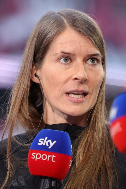 Union Berlin's German head coach Marie-Louise Eta is interviewed prior to the German first division Bundesliga football match between RB Leipzig and Union Berlin in Leipzig, eastern Germany, on April 24, 2026. (Photo by Ronny HARTMANN / AFP) / DFL REGULATIONS PROHIBIT ANY USE OF PHOTOGRAPHS AS IMAGE SEQUENCES AND/OR QUASI-VIDEO  ALTERNATIVE CROP