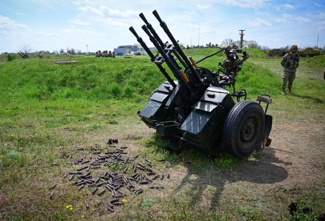 A Romanian army's MR-4 quadruple anti-aircraft machine gun during exercise EASTERN PHOENIX 26, a training activity designed to test counter-unmanned aircraft systems (C-UAS) procedures, at Capu Midia firing range, April 24, 2026. The exercise, which includes NATO’s first "Crucible Series" event, aims to strengthen national defense and NATO’s Eastern Flank by integrating kinetic and non-kinetic responses to airspace incursions with special interest in the  testing of anti-drones measures. Participants included aproximately 250 Romanian military personnel and 250 industry representatives from 21 NATO allied nations . (Photo by Daniel MIHAILESCU / AFP)