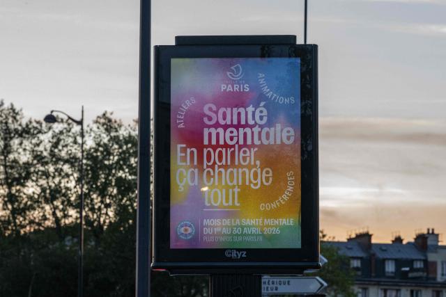 This photograph shows a view of a board promoting an event on mental health by the city of Paris at Porte de Vincennes, in Paris on April 24, 2026. (Photo by Martin LELIEVRE / AFP)