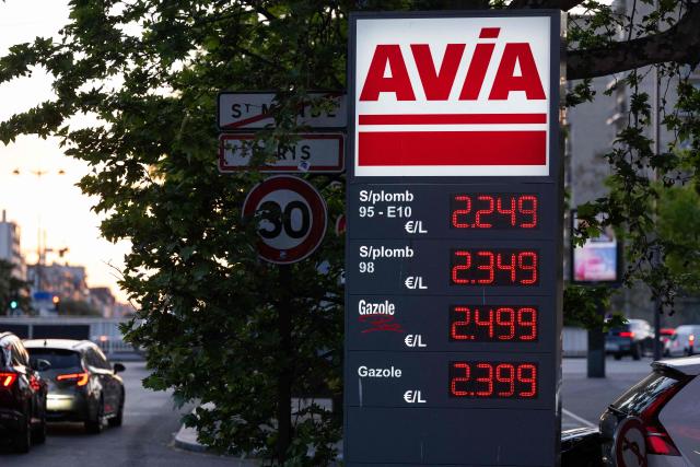 This photograph shows a view of a board with fuel prices as a gas station in Saint-Mande, east of Paris on April 24, 2026. (Photo by Martin LELIEVRE / AFP)