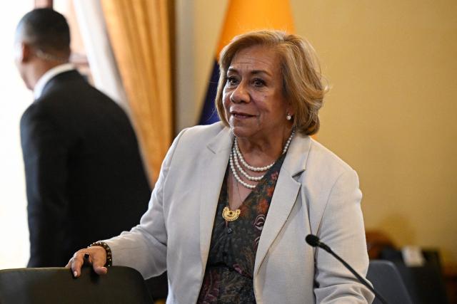 Colombia's Foreign Minister Rosa Yolanda Villavicencio attends a bilateral meeting at the Miraflores presidential palace in Caracas on April 24, 2026. Colombia's President Gustavo Petro arrived in Venezuela on April 24 for a bilateral meeting with interim President Delcy Rodriguez, focusing on border security and energy cooperation. (Photo by Federico PARRA / AFP)