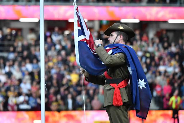 A member of the New Zealand Army band takes part on ANZAC (Australian and New Zealand Army Corps) Day commemorations prior to the round 11 Super Rugby Pacific match between the Hurricanes and Brumbies at One New Zealand Stadium in Christchurch on April 25, 2026. (Photo by Sanka Vidanagama / AFP)