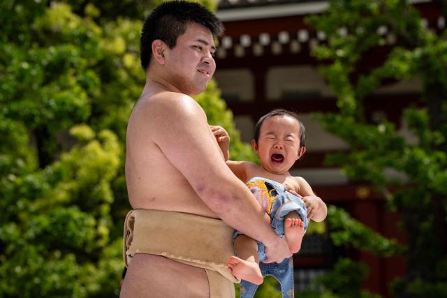 A sumo wrestler holds a child during the "crying baby sumo" match at Sensoji temple in Tokyo on April 25, 2026. Japanese parents believe that sumo wrestlers can help make babies cry out a wish to grow up with good health. (Photo by Yuichi YAMAZAKI / AFP)