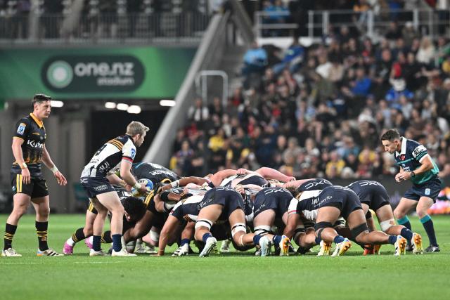 Brumbies' Ryan Lonergan (2nd L) feeds the scrum during the Super Rugby Pacific match between the Hurricanes and Brumbies at One New Zealand Stadium in Christchurch on April 25, 2026. (Photo by Sanka VIDANAGAMA / AFP)