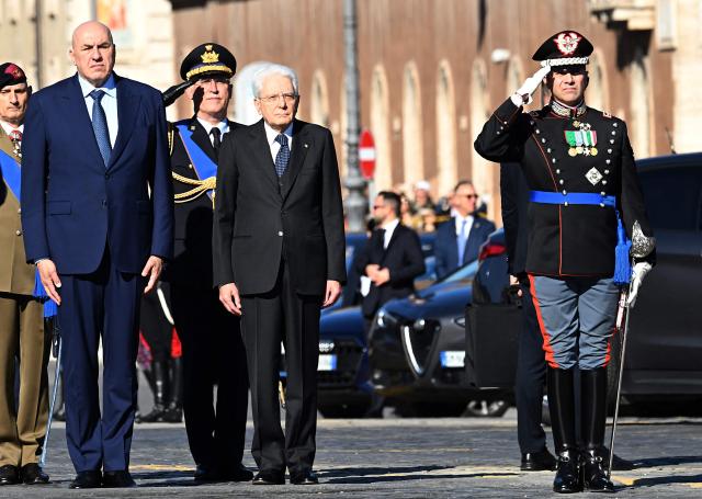 Italy’s President Sergio Mattarella (2ndR) flanked by Italy's Defence Minister Guido Crosetto (2L) attend the wreath-laying ceremony at the Altare della Patria of Unknown Soldier on the occasion of the 81st Anniversary of the Liberation, in central Rome, on April 25, 2026. (Photo by Andreas SOLARO / AFP)