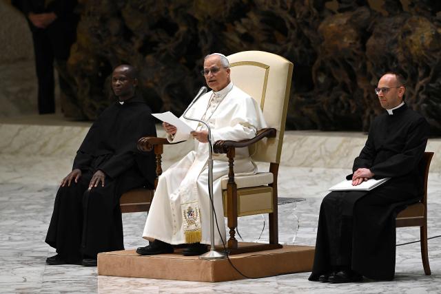 Pope Leo XIV speaks during a private audience with participants in the National Meeting of Catholic Religion Teachers, who teach religion courses in Italian public schools, promoted by the CEI (Catholic Episcopal Conference), at Paul VI Hall in the Vatican on April 25, 2026. (Photo by Andreas SOLARO / AFP)