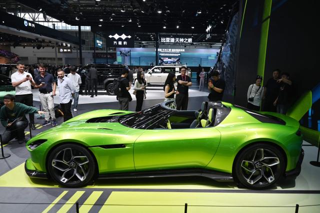 BYD’s sub-brand Fangchengbao’s Formula X is displayed at the Beijing Auto Show in Beijing on April 25, 2026. (Photo by GREG BAKER / AFP)