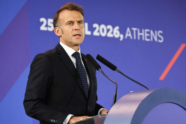 France's President Emmanuel Macron delivers a speech during a Franco-Greek Economic Forum at the Stavros Niarchos foundation in Athens, on April 25, 2026. The two leaders signed a text titled “Enhanced Comprehensive Strategic Partnership between Greece and France” and signed the renewal of the Strategic Relationship Agreement for cooperation in security and defense. (Photo by Ludovic MARIN / AFP)