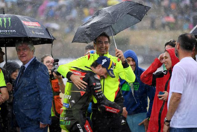 Third placed Pertamina Enduro VR46 Racing Team's Franco Morbidelli celebrates his third place after the MotoGP Spanish Grand Prix sprint race at the Jerez racetrack in Jerez de la Frontera, on April 25, 2026. (Photo by JORGE GUERRERO / AFP)