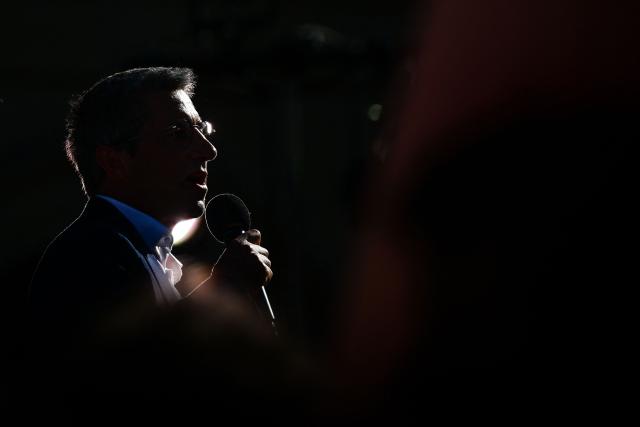 Ecologiste et Social's MP, president of the French leftist party Debout! (D!, Stand Up!) and presidential candidate Francois Ruffin delivers a speech during a meeting at the Place Louis Pradel in Lyon on April 25, 2026. (Photo by OLIVIER CHASSIGNOLE / AFP)