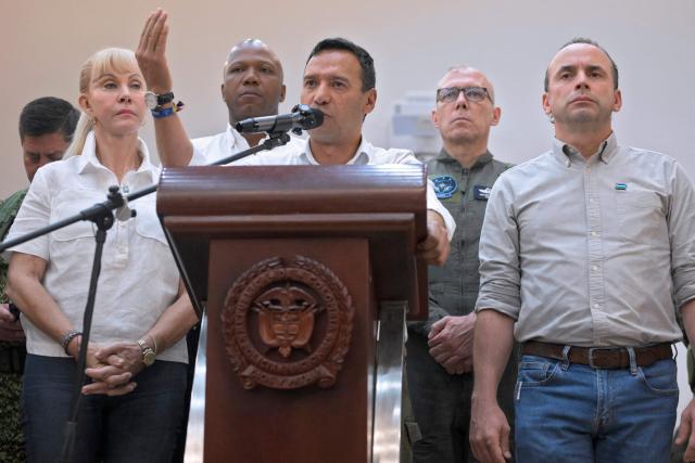 Colombia's Security Minister Pedro Arnulfo speaks during a press conference in Palmira, Valle del Cauca departmen, Colombia, on April 25, 2026. (Photo by Joaquin SARMIENTO / AFP)