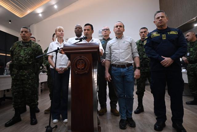 Colombia's Security Minister Pedro Arnulfo speaks during a press conference in Palmira, Valle del Cauca departmen, Colombia, on April 25, 2026. (Photo by JOAQUIN SARMIENTO / AFP)