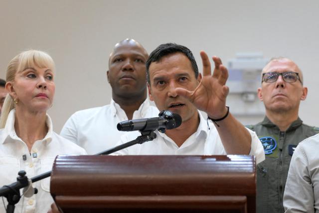 Colombia's Security Minister Pedro Arnulfo speaks during a press conference in Palmira, Valle del Cauca departmen, Colombia, on April 25, 2026. (Photo by Joaquin SARMIENTO / AFP)