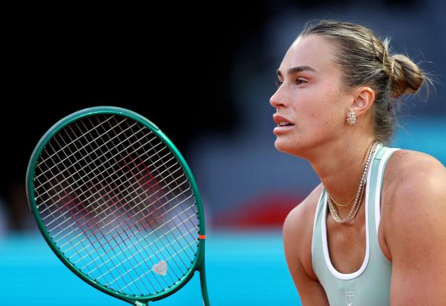 Belarus' Aryna Sabalenka prepares to serve to Romania’s Jacqueline Cristian during their 2026 WTA Tour Madrid Open tennis tournament third round singles match at the Caja Magica in Madrid, on April 25, 2026. (Photo by Thomas COEX / AFP)