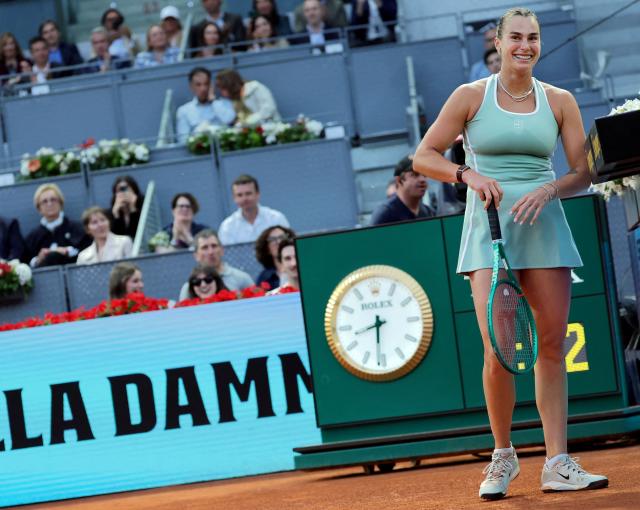 Belarus' Aryna Sabalenka reacts after winning a game to Romania’s Jacqueline Cristian during their 2026 WTA Tour Madrid Open tennis tournament third round singles match at the Caja Magica in Madrid, on April 25, 2026. (Photo by Thomas COEX / AFP)