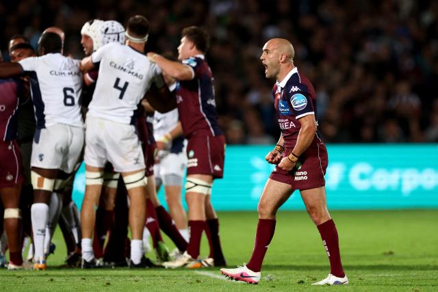 Bordeaux-Begles' French scrum-half Maxime Lucu reacts during the French Top 14 rugby union match between Union Bordeaux-Begles (UBB) and Montpellier Herault Rugby at the Chaban-Delmas Stadium in Bordeaux, south-western France on April 25, 2026. (Photo by ROMAIN PERROCHEAU / AFP)