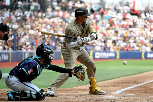 San Diego Padres' #13 Manny Machado takes an at-bat during the MLB World Tour Mexico City Series game between San Diego Padres and Arizona Diamondbacks at Alfredo Harp Helu Stadium in Mexico City on April 25, 2026. (Photo by YURI CORTEZ / AFP)