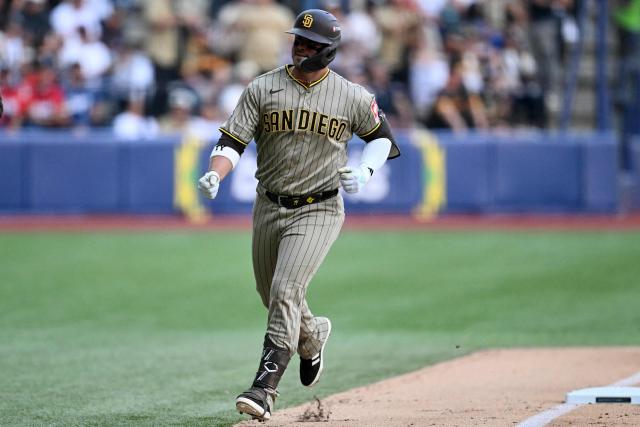 San Diego Padres' #25 Ty France celebrates after scoring a run during the MLB World Tour Mexico City Series game between San Diego Padres and Arizona Diamondbacks at Alfredo Harp Helu Stadium in Mexico City on April 25, 2026. (Photo by YURI CORTEZ / AFP)