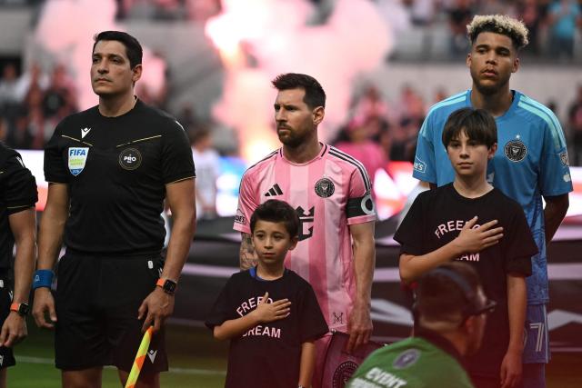 Inter Miami's Argentine forward #10 Lionel Messi (C) looks on ahead of the Major League Soccer (MLS) regular season football match between Inter Miami CF and New England Revolution at NU Stadium in Miami, on April 25, 2026. (Photo by CHANDAN KHANNA / AFP)
