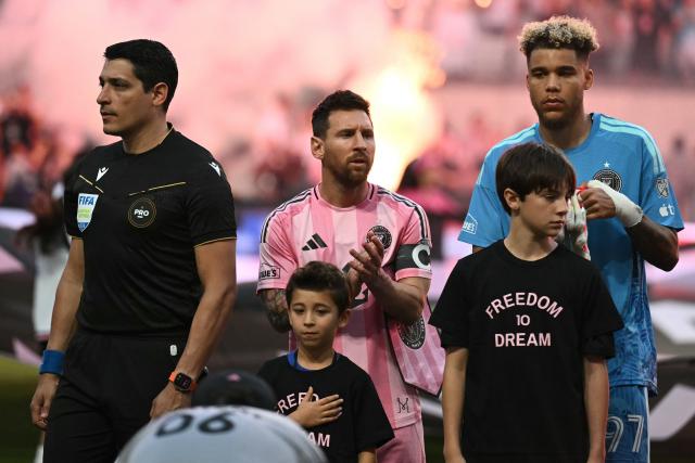 Inter Miami's Argentine forward #10 Lionel Messi (C) looks on ahead of the Major League Soccer (MLS) regular season football match between Inter Miami CF and New England Revolution at NU Stadium in Miami, on April 25, 2026. (Photo by CHANDAN KHANNA / AFP)