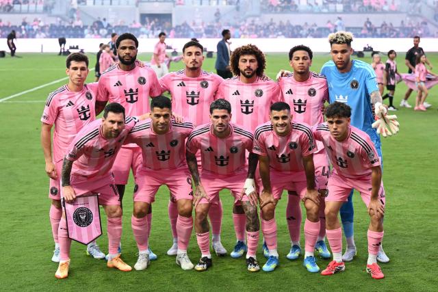 Inter Miami's players pose ahead of the Major League Soccer (MLS) regular season football match between Inter Miami CF and New England Revolution at NU Stadium in Miami, on April 25, 2026. (Photo by CHANDAN KHANNA / AFP)