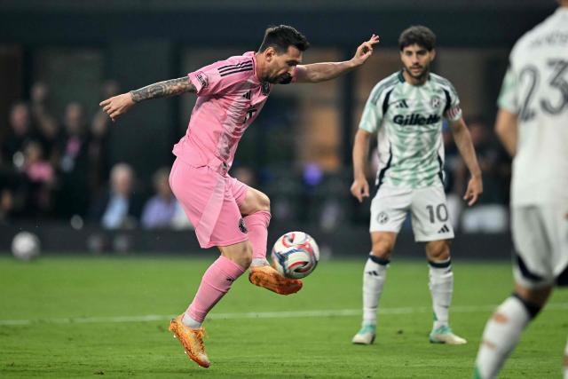 Inter Miami's Argentine forward #10 Lionel Messi controls the ball during the Major League Soccer (MLS) regular season football match between Inter Miami CF and New England Revolution at NU Stadium in Miami, on April 25, 2026. (Photo by CHANDAN KHANNA / AFP)
