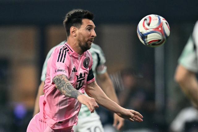Inter Miami's Argentine forward #10 Lionel Messi controls the ball during the Major League Soccer (MLS) regular season football match between Inter Miami CF and New England Revolution at NU Stadium in Miami, on April 25, 2026. (Photo by CHANDAN KHANNA / AFP)