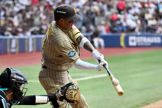 San Diego Padres' #13 Manny Machado bats during the MLB World Tour Mexico City Series game between San Diego Padres and Arizona Diamondbacks at Alfredo Harp Helu Stadium in Mexico City on April 25, 2026. (Photo by YURI CORTEZ / AFP)