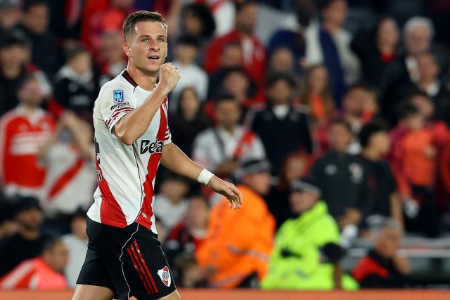 River Plate's midfielder #34 Giuliano Galoppo celebrates scoring the opening goal during the Argentine Professional Football League 2026 Apertura Tournament match between River Plate and Aldosivi at Monumental Stadium in Buenos Aires on April 25, 2026. (Photo by ALEJANDRO PAGNI / AFP)