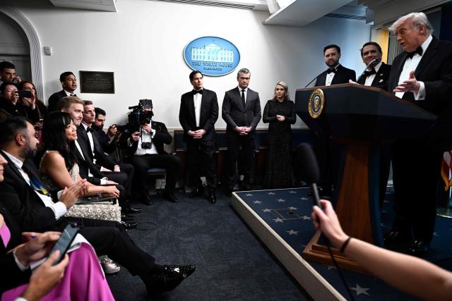 US President Donald Trump (R) speaks during a press briefing in the Brady Briefing Room at the White House in Washington, DC, shortly after a shooting incident at the White House Correspondents Dinner on April 25, 2026. US President Donald Trump said April 25 he would give a press conference from the White House press briefing room, shortly after a shooting incident at a gala dinner in Washington. The press conference is set to take place shortly after 10 p.m. (0200 GMT), Trump wrote on his Truth Social platform, adding: "The First Lady, plus the Vice President, and all Cabinet members, are in perfect condition." (Photo by Kent NISHIMURA / AFP)