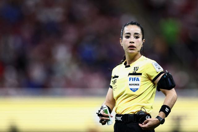 Referee Katia Itzel Garcia looks on during the Liga MX Clausura football match between Guadalajara and Tijuana at Akron Stadium in Guadalajara, Jalisco state, Mexico, on April 25, 2026. (Photo by Ulises Ruiz / AFP)